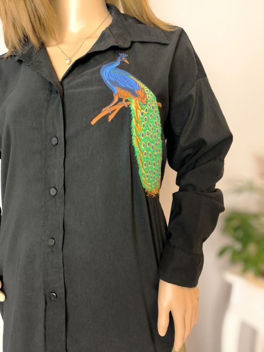 Czarna długa koszula 36 38 haft Puff oversize elegancka świąteczna