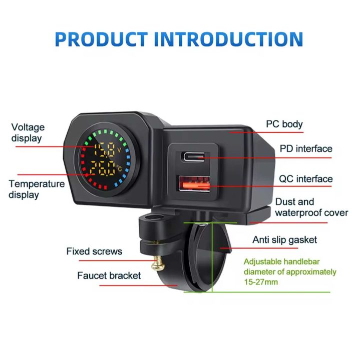 Ładowarka na kierownicę 60W QC3.0 PD gniazdo USB typu C Woltomierz