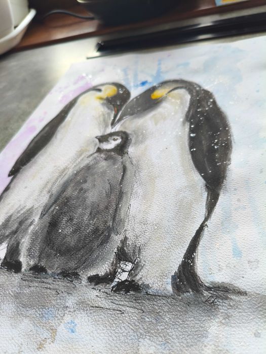 Akwarela Pingwiny Rodzina Prezent Chrzest Dziecko Macierzyństwo 30x42