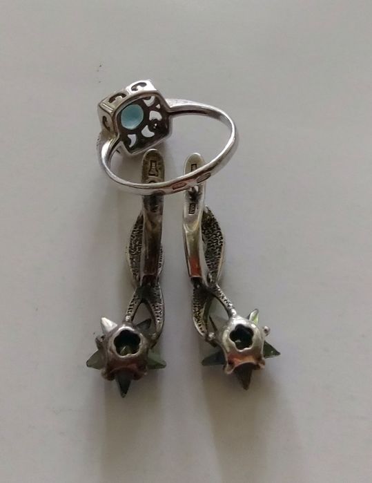Серебряные серьги-звёздочки и перстень. Костяное кольцо.