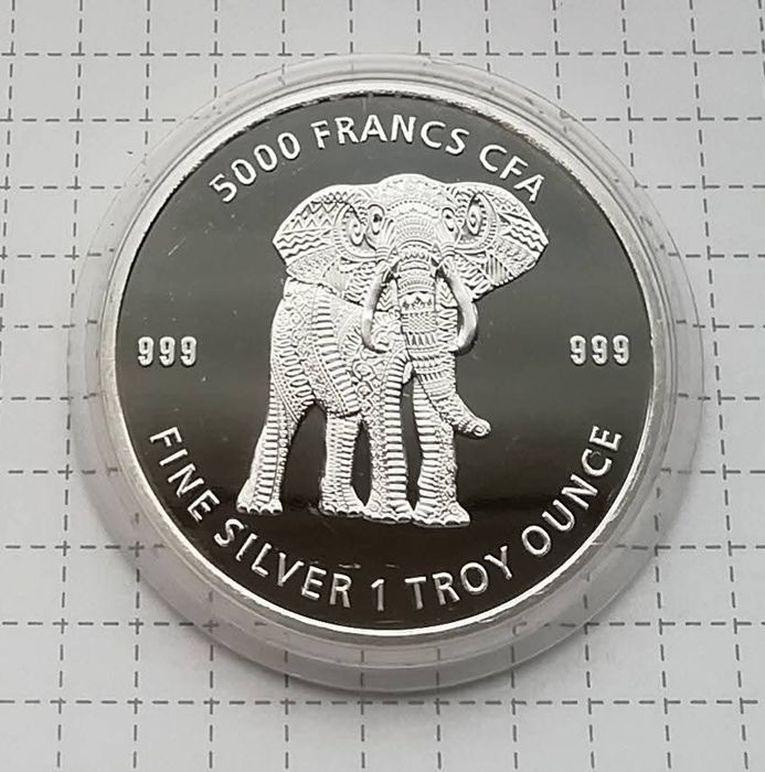 Чад 5000 франків 2019р. СРІБЛО. Слон Мандали. ПРУФ.