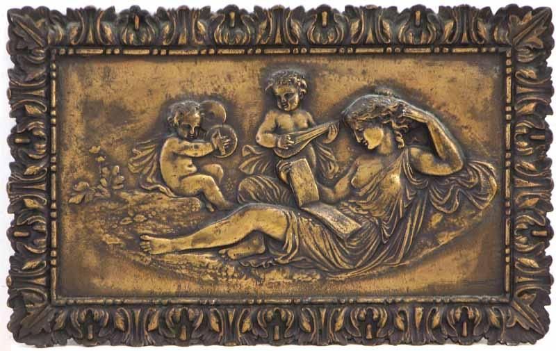 Placa em Cobre Figura Feminina e Qerubins em relevo (Lote 2 unidades)