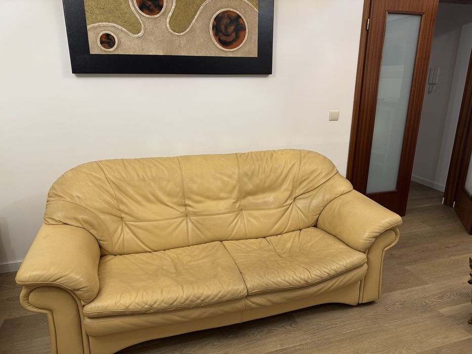 Conjunto 3 Sofás Bege em Pele
