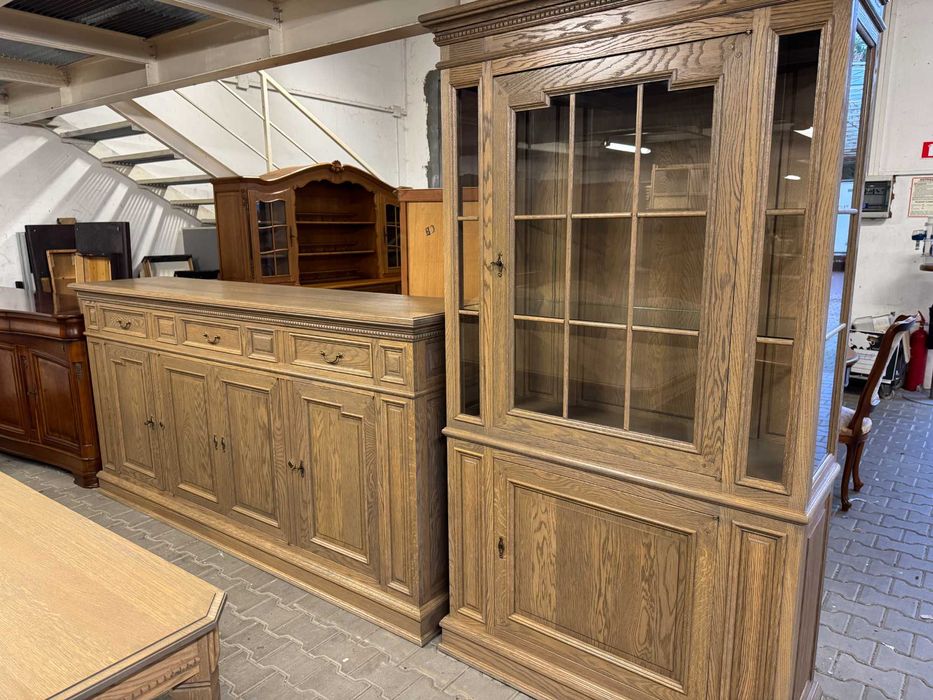 Jadalnia w stylu Hampton zestaw mebli do salonu komoda witryna dąb