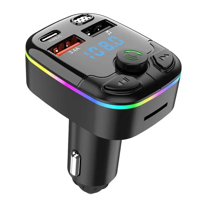 Transmiter FM szybka ładowarka Bluetooth audio MP3 BT 2X USB RGB USB-C