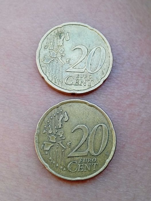 Moedas de 20 cêntimos gregas 2002, com defeitos e letra "E"