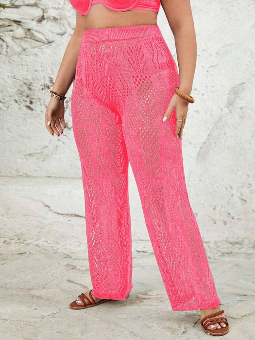 Spodnie Letnie Plażowe Szydełkowe Ażurowe Różowe Casual Shein Xxl