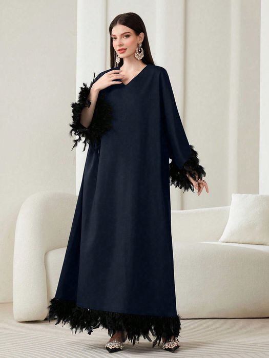 Sukienka W Stylu Arabskim Maxi Zdobiona Piórami Granatowa Shein S 36