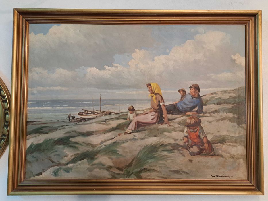 Obraz olejny duński skandynawski na płótnie morze plaża ludzie siedzący na brzegu rybacy rodzina Christian Valentinussen (1903-1984)