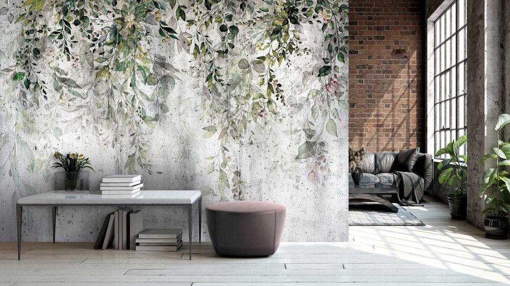 Fototapeta Imitacja Ściany Liście Beton 3D Na Twój Rozmiar + KLEJ