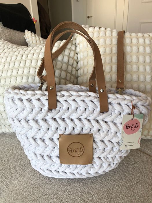 Torebka koszyk biały skóra naturalna sznurek nowa z metką handmade