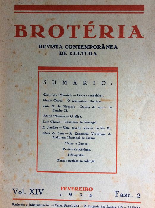 Brotéria. Revista contemporânea. de cultura,1932. Ver sumário.