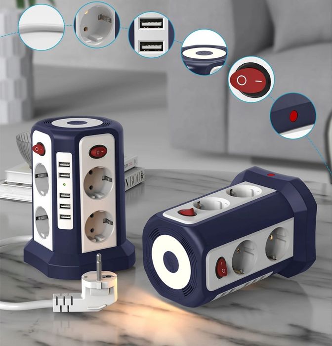 In Przedłużacz  8x gniazda + 5x USB Rozgałęziacz Złodziejka