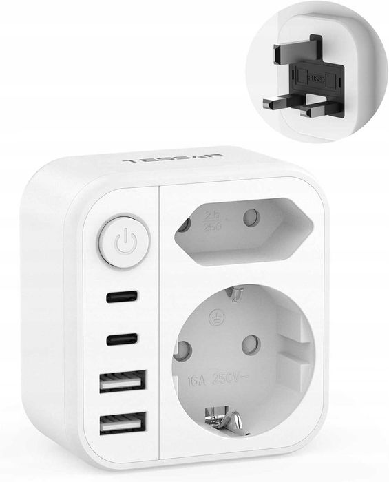 TESSAN Adapter Podróżny Przejściówka– Anglia Niemcy USB-A USB-C 15 W