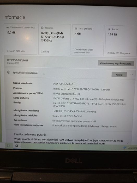 Dell Inspiron 7577 , intel i7 , 16 Ram , dysk 1 TB , karta  4 GB