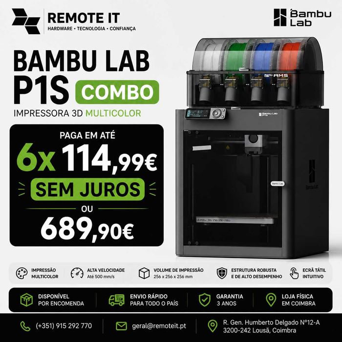 Bambu Lab P1S Combo | NOVA | GARANTIA 36M | FATURA