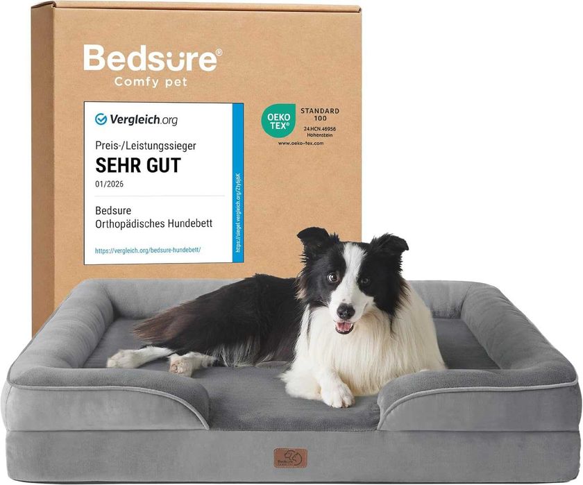 Ortopedyczne legowisko BEDSURE, ergonomiczna sofa dla psów, 89 x 63 cm, kanapa dla psa z pianką dla średnich rozmiarów  legowiska dla psów, szare