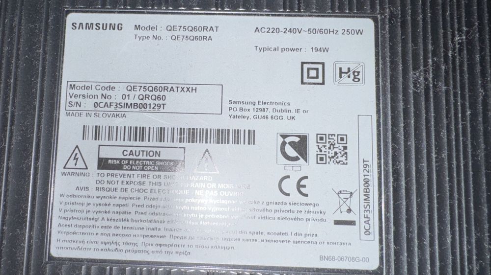 Telewizor samsung 75 cali QE75Q60RATXXH uszkodzona prawa matryca