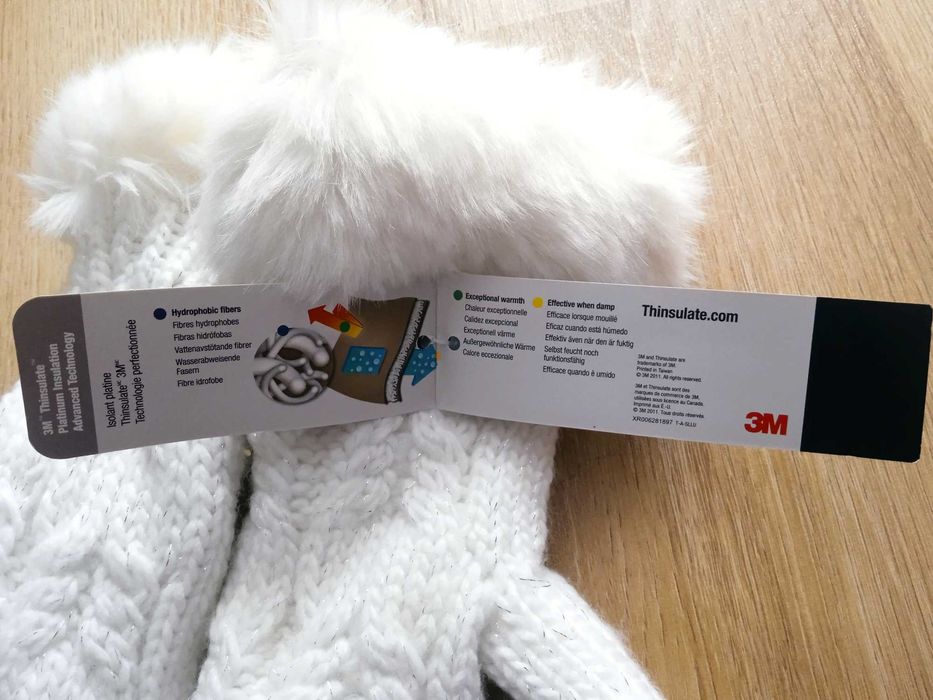 Nowe śliczne białe damskie rękawiczki z futerkiem 3M Thinsulate