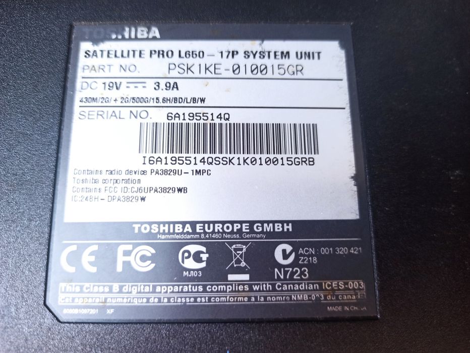 Ноутбук Toshiba satellite pro l650