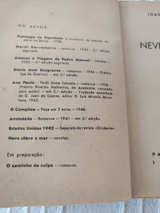 Livro "Neve sobre o mar" Joaquim Paço D'Arcos  1942.