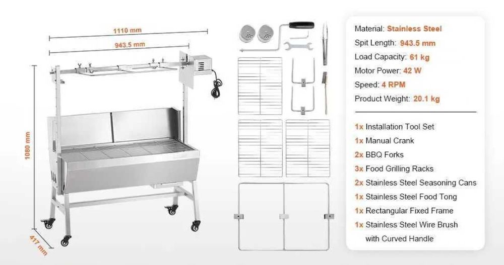 Grelhador INOX com motor rotativo elétrico