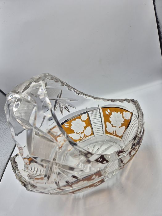 Koszyk kryształowy PRL Bohemia ręcznie szlifowany złocony