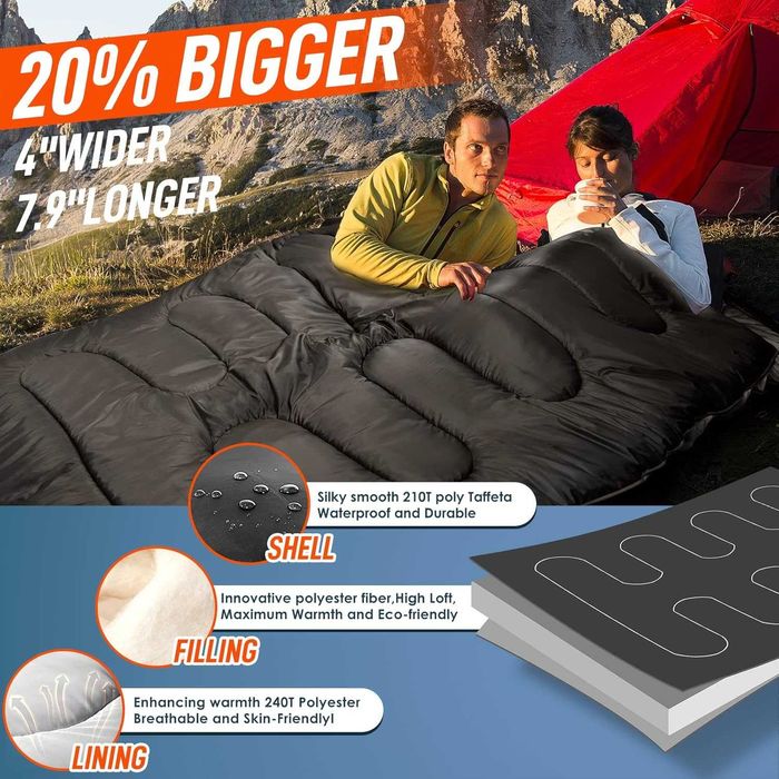 Saco de dormir duplo para adultos com travesseiro, tamanho XL Queen, ideal para camping, trilhas e mochilão em todas as estações.