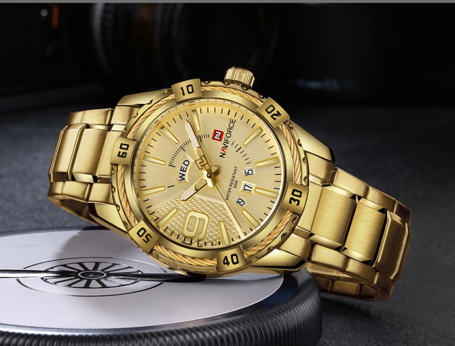 Złoty Zegarek Męski Naviforce Analogowy Bransoleta Elegancki