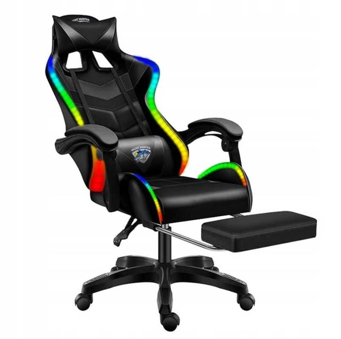 NOWY Fotel LED Z Masażem Pleców Gaming Komputerowy Obrotowy+podnóżek!