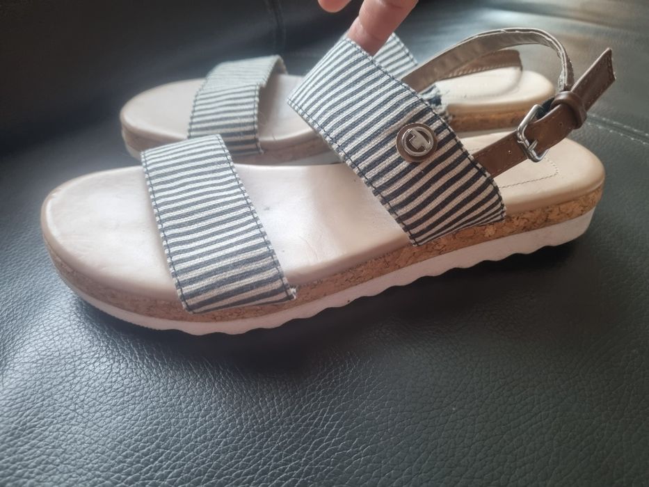 Klapki sandały damskie rozm. 38 Tom Tailor paski lato granatowe białe