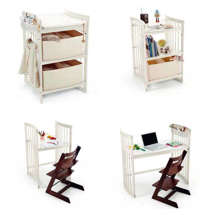 Przewijak Stokke z pojemnymi organizerami. Białe drewno.