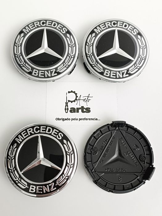 Conjunto 4 Centros de jante Mercedes 75mm "Preto/Cromado"