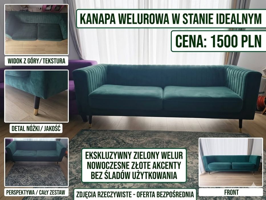 Welurowa kanapa butelkowa zieleń - STAN IDEALNY