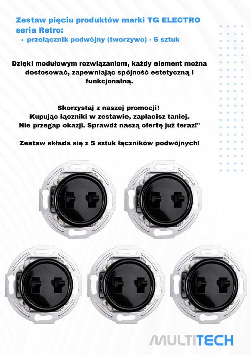 KOMPLET Przełącznik podwójny ścienny Moduł CZARNE RETRO - 5 sztuk