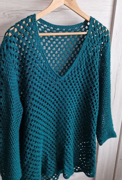 Sweterek szydełkowy szmaragdowy handmade XL L