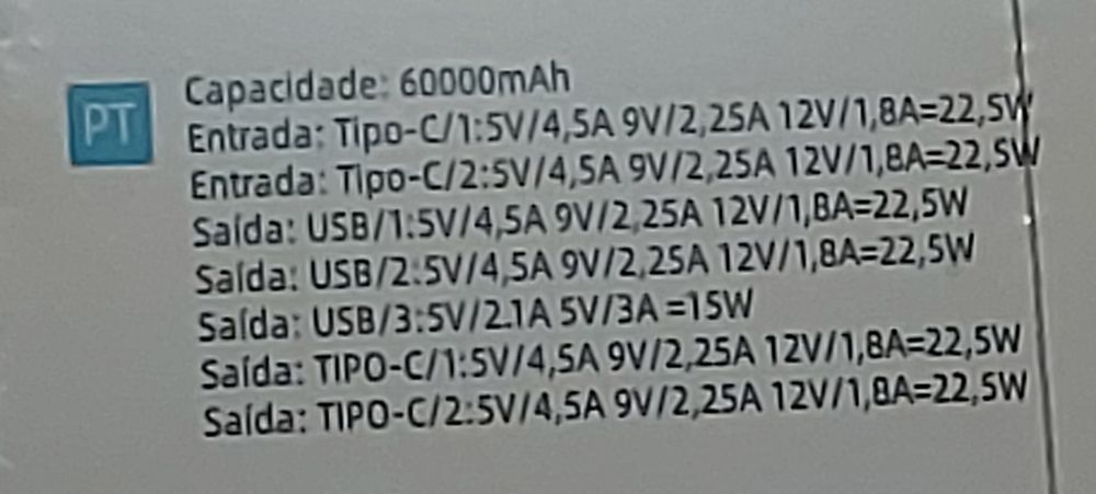 Powerbank 60000mah - Artigo novo e selado