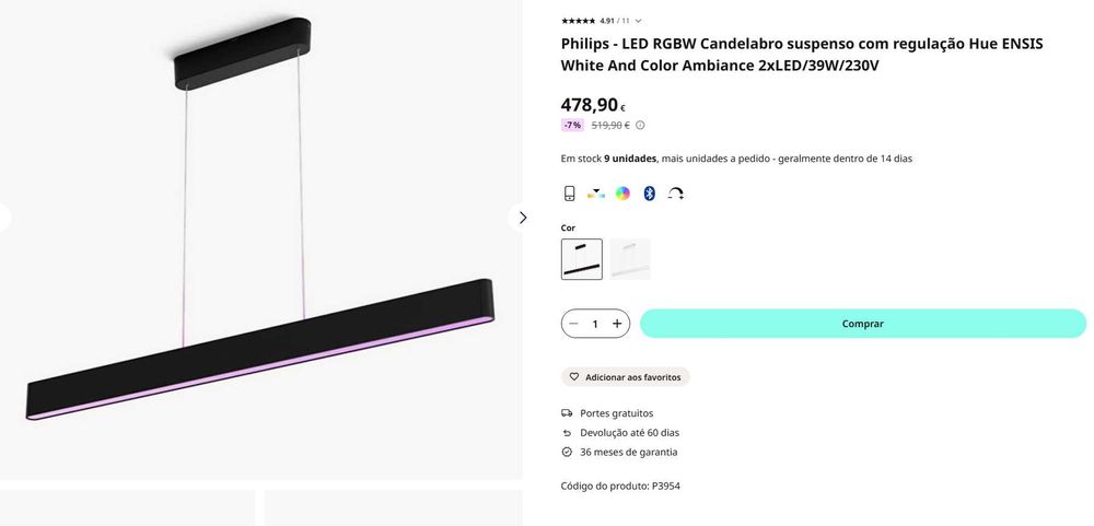 Philips Hue ENSIS Preto, Candelabro suspenso com regulação RGB 2 zonas