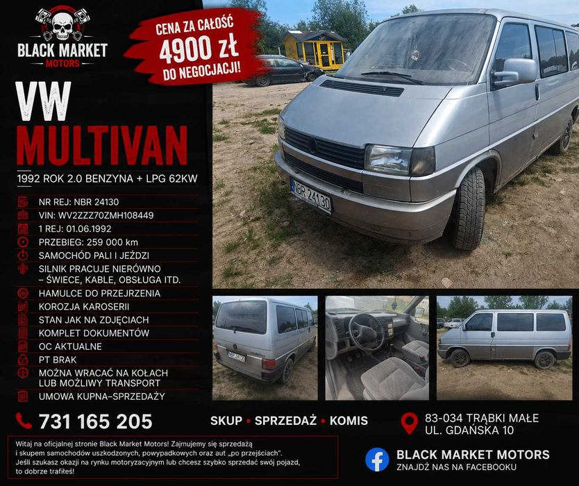 Volkswagen Multivan 2.0 Benzyna + LPG 1992r - pali i jeździ - OC aktualne zarejstrowane - dla Majsterkowicza - Pruszcz Gdański