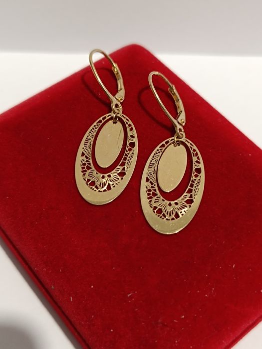 Złote kolczyki wiszące owalne ażurowe, złoto próby 585
