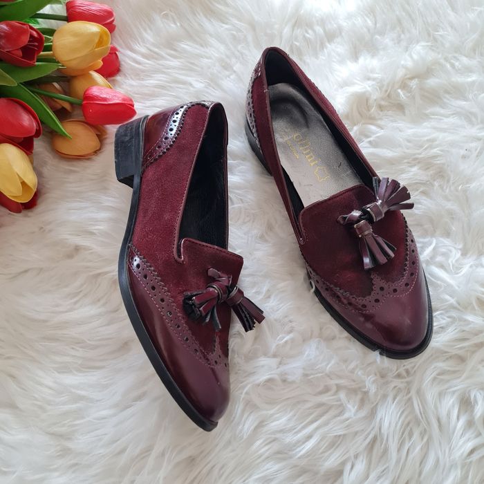 Bordowe mokasyny skórzane capollini 38 skóra naturalna Burgundy leather loafers brogues tassels