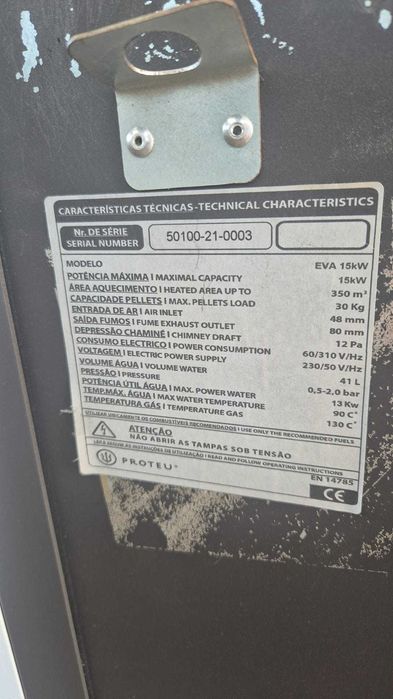 Caldeira Pellets 15 kW Marca PROTEU