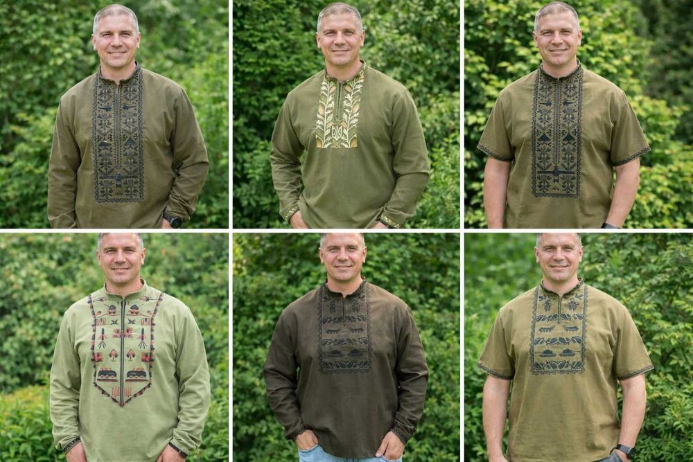 М-5ХЛ Вышиванка льняная мужская хаки, лен