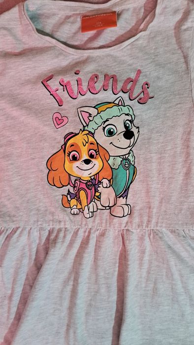 Sukienka 128 szara z nadrukiem Psi Patrol i brokatowym napisem stan bd