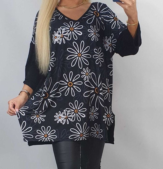 BLUZKA PLUS SIZE TUNIKA 50/52/54/56 rękaw 3/4 dekolt asymetryczna