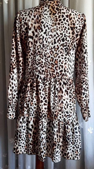 Piękna nowa w panterkę leopard sukienka wiązana brąz camel beż M M/L