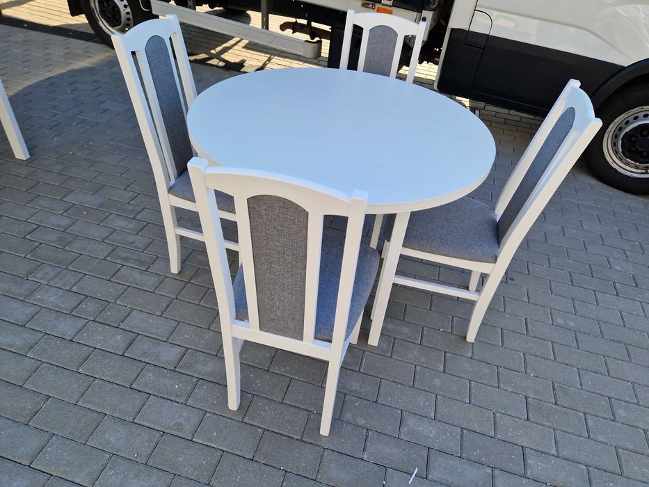 Stół okrągły rozkładany + 4 krzesła, biały+szary, dostawa cała POLSKA