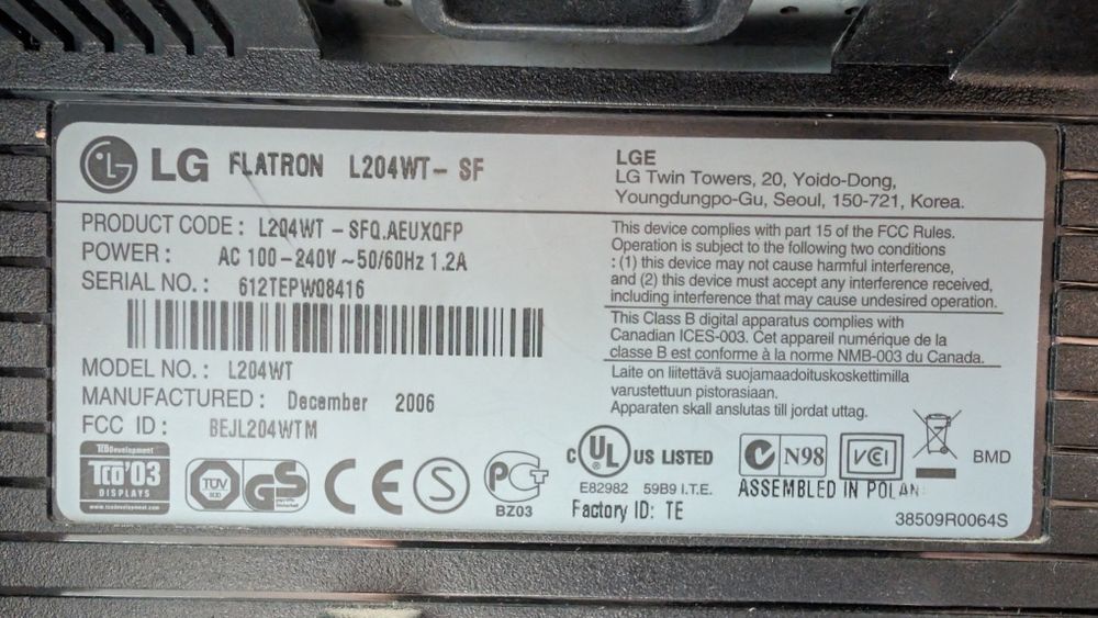 Monitor LG L204WT 20 cali sprawny
