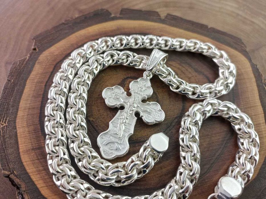 Серебряная цепочка Бисмарк, крестик. Срібний ланцюг Бісмарк+хрестик