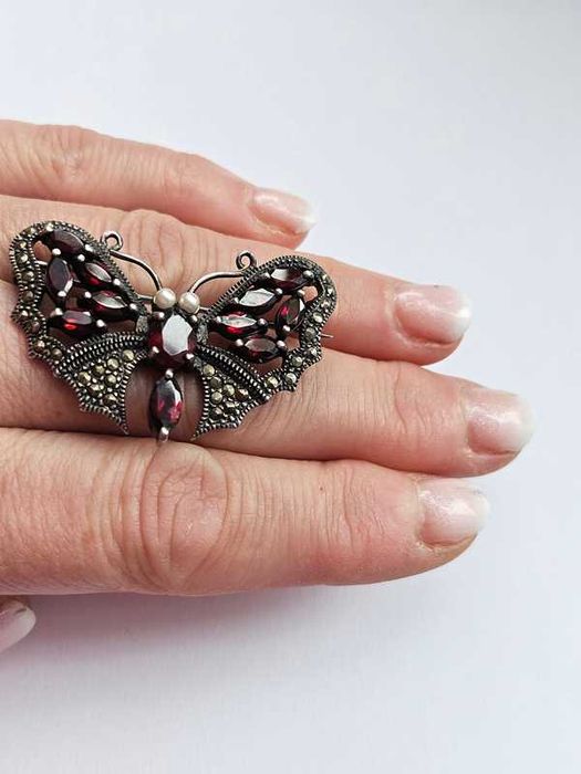 Srebrna broszka MOTYL 10,85g | Granaty i Markazyty | Srebro 925